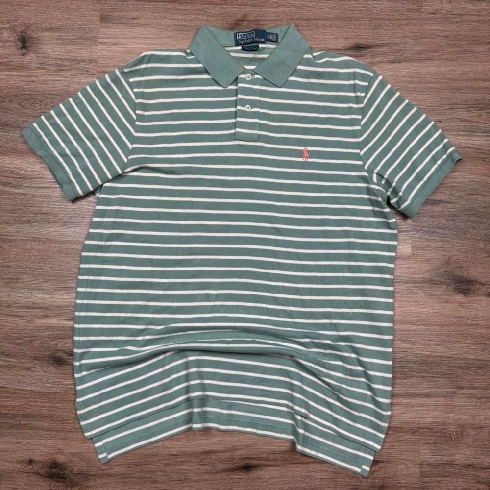 Vintage Polo Ralph Lauren Green & White Striped Polo Shirt pink Pony Custom fit